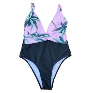 Palm Tree Print Pink & Black Surplice Neckline One Piece Swimsuit Size Small